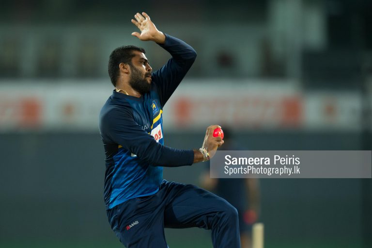 – Sri Lanka young fast bowler Lahiru Kumara practicing with the pink ball under lights on 9th September at Ketharama International cricket Stadium before the Sri Lanka tour of UAE for the Pakistan series which will take in place September- October 2017