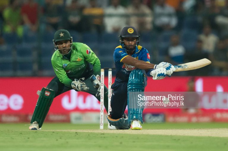 Sri Lankan Batsman Sadeera Samarawickrama trying to play a reverse sweep during the 2nd T20I between Sri Lanka Vs Pakistan held at Sheikh Zayed Cricket Stadium Abu Dhabi on 27th October 2017.