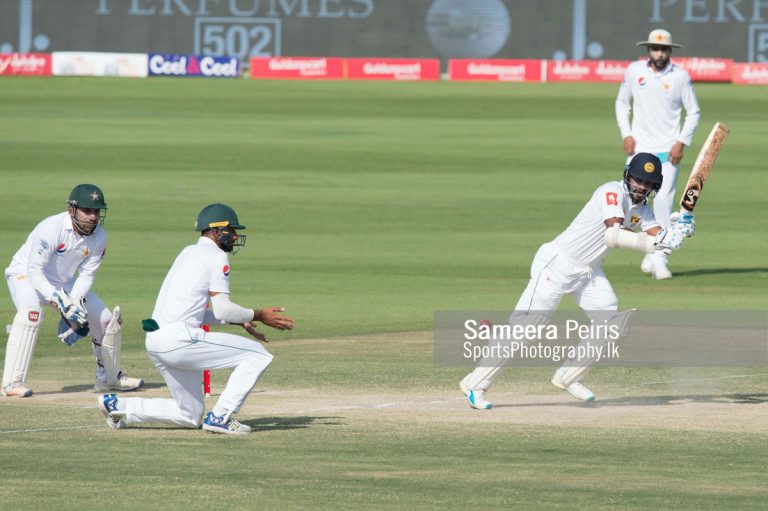 Dimuth Karunarathne looking at the ball after playing a shot during the day 4 in 1st Test, between Sri Lanka vs Pakistan held at Sheikh Zayed Cricket Stadium Abu Dhabi on 1st October 2017.
